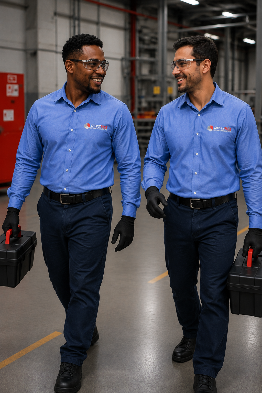 Técnicos da SupplyPack caminhando com maletas de ferramentas em um galpão industrial